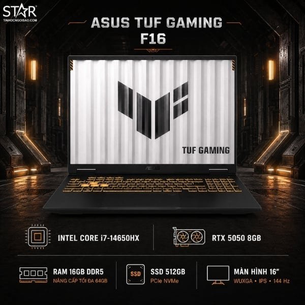 Laptop ASUS TUF Gaming F16 FX610JH-TU009W | i7-14650HX, 16GB DDR5, SSD 512GB PCIe 4.0, RTX 5050 8GB, 16" WUXGA 144Hz, Win 11, Đen