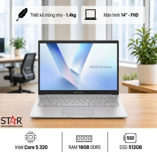 Laptop ASUS Vivobook 14 X1404MA-EB028W | Core 5 320, 16GB DDR5, SSD 512GB, 14" FHD IPS 60Hz, WF6, BT5.3, 3C42WHrs, Win 11 Home, Bạc