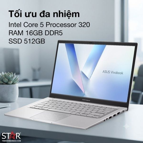 Laptop ASUS Vivobook 14 X1404MA-EB028W | Core 5 320, 16GB DDR5, SSD 512GB, 14" FHD IPS 60Hz, WF6, BT5.3, 3C42WHrs, Win 11 Home, Bạc