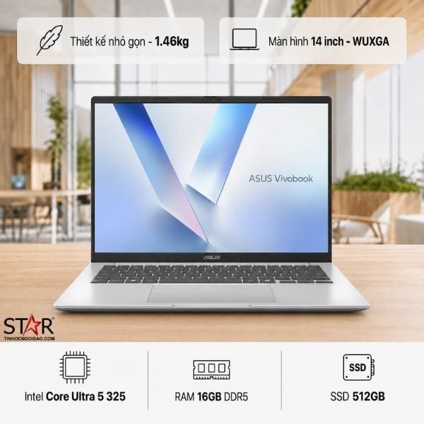 Laptop ASUS Vivobook 14 X1407AA-LY360W | Intel Core Ultra 5 325, 16GB DDR5, SSD 512GB NVMe, 14" WUXGA IPS, Win 11, Bạc