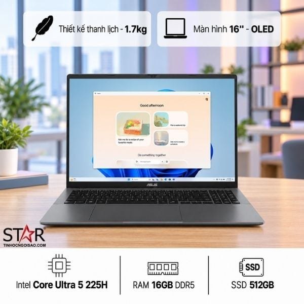 Laptop ASUS Vivobook S16 S3607CA-SH080W | U5-225H, 16GB DDR5, SSD 512GB NVMe, 16" WUXGA OLED, Intel Arc Graphics, WF, BT, W11, Xám