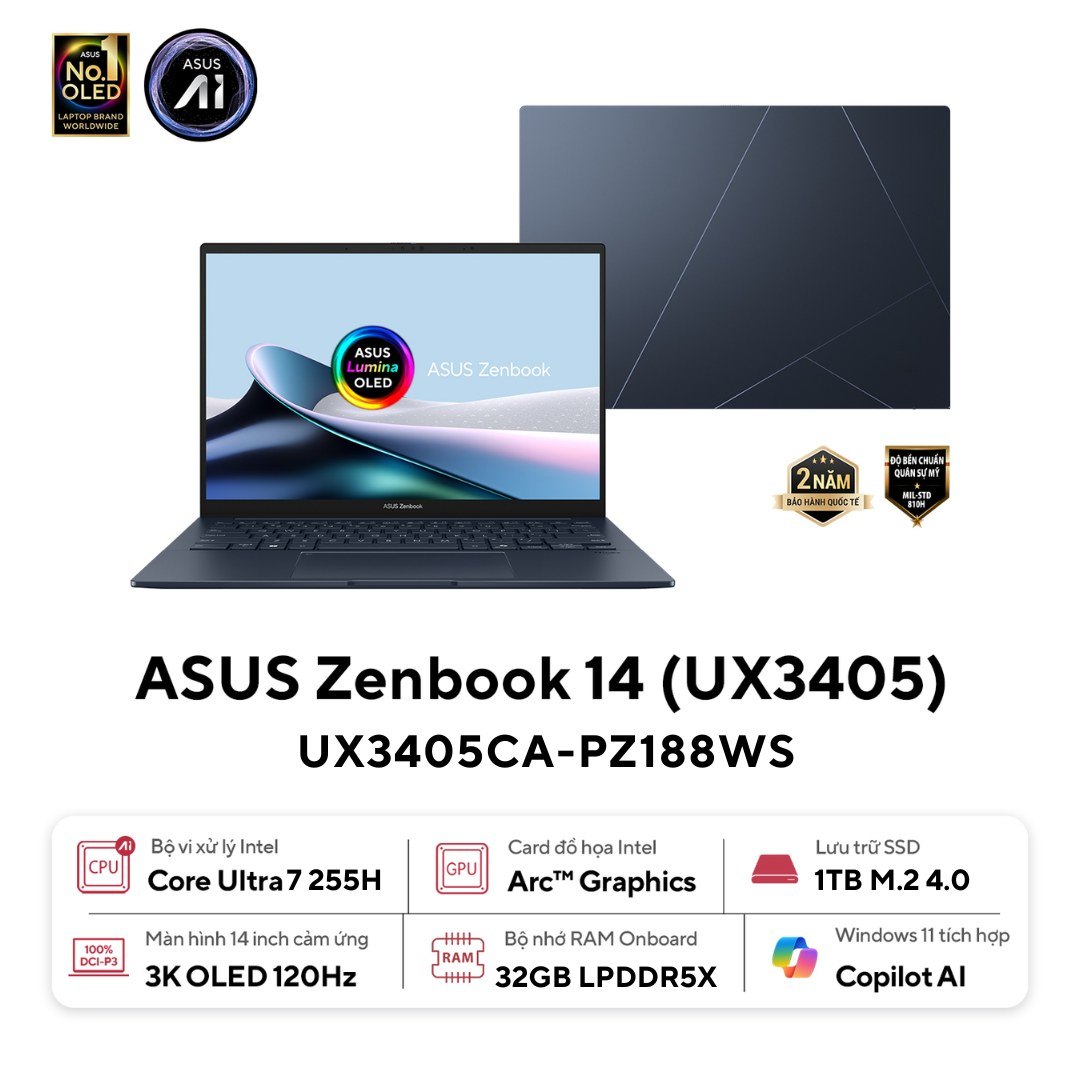 Laptop ASUS Zenbook 14 UX3405CA-PZ188WS | U7-255H, 32GB LPDDR5X, SSD 1TB NVMe, 14" 3K OLED 120Hz, TOUCH + PEN, Xanh