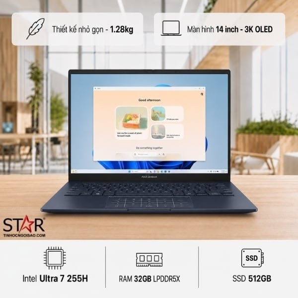 Laptop ASUS Zenbook 14 UX3405CA-ST629W | U7 255H, 32GB DDR5X, SSD 512GB NVMe, 14 inch 3K OLED 120Hz, Windows 11, Xanh
