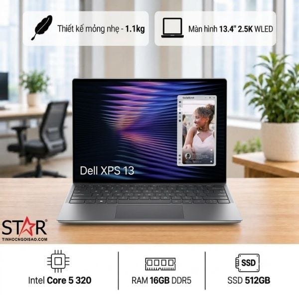 Laptop Dell XPS 13 DX13260 TNR9K | C5-320, 16GB LPDDR5x, SSD 512GB NVMe, 13.4" 2.5K WLED Touch 120Hz, W11SL+OFFICE24, Xanh