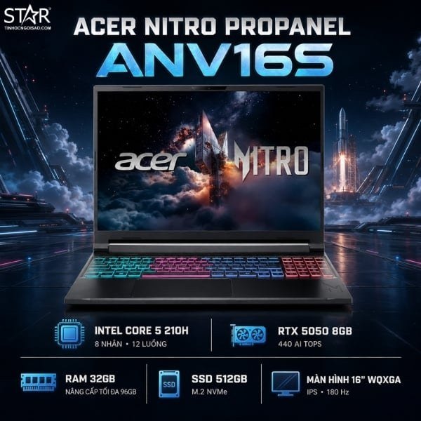 Laptop Gaming ACER Nitro ANV16S-71-58WQ (NH.QXBSV.001) | Core 5 210H, 32GB DDR5, SSD 512GB NVMe, 16" WQXGA 180Hz, RTX 5050 8GB, W11, Đen
