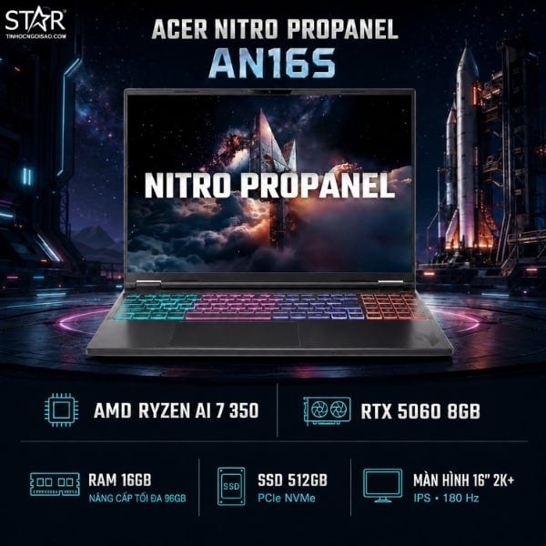 Laptop Gaming Acer Nitro ProPanel AN16S-61-R7ZJ | AMD Ryzen AI 7-350, 16GB DDR5, SSD 512GB NVMe, 16" 2K+ 180Hz, RTX 5060 8GB, Win11, Đen (NH.QXFSV.002)