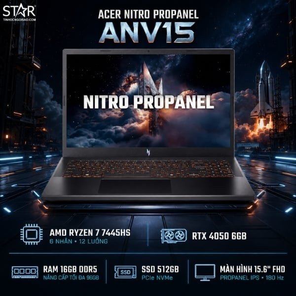 Laptop Gaming Acer Nitro ProPanel ANV15-42-R9EH | AMD Ryzen 7 7445HS, 16GB DDR5, SSD 512GB, RTX 4050 6GB, 15.6" FHD, Win11 home, Đen (NH.U2ZSV.001)