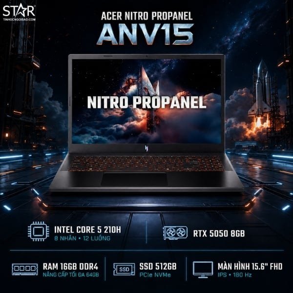 Laptop Gaming Acer Nitro ProPanel ANV15-52-556L | Intel C5-210H, 16GB DDR4, SSD 512GB, 15.6" FHD, Windows 11 Home, RTX 5050 8GB (NH.QZ9SV.006)