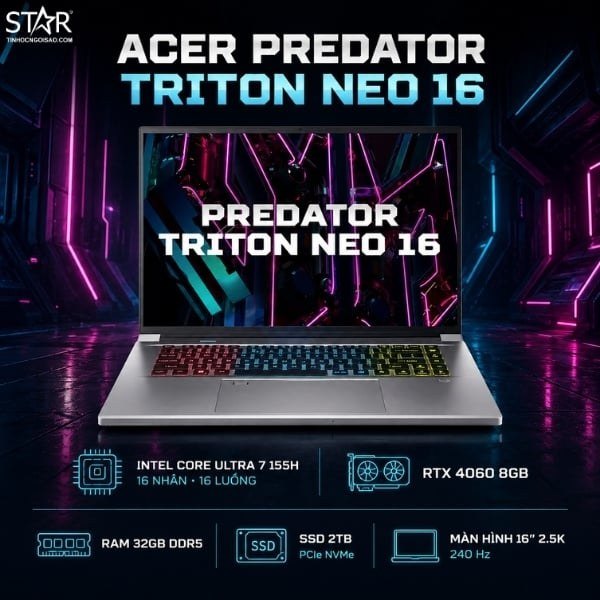 Laptop Gaming Acer Predator Triton Neo 16 PTN16-51-78JQ | U7-155H, 32GB LPDDR5X, SSD 2TB NVMe, RTX 4060 8GB, 16" 2.5K 240Hz, Win 11, Bạc.(NH.QPNSV.004)