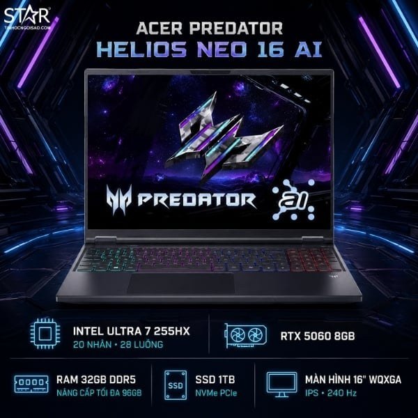 Laptop Gaming AI ACER Predator Helios Neo 16 AI PHN16-73-757W | U7 255HX, 32GB, SSD 1TB, RTX 5060, 16" 2.5K 240Hz