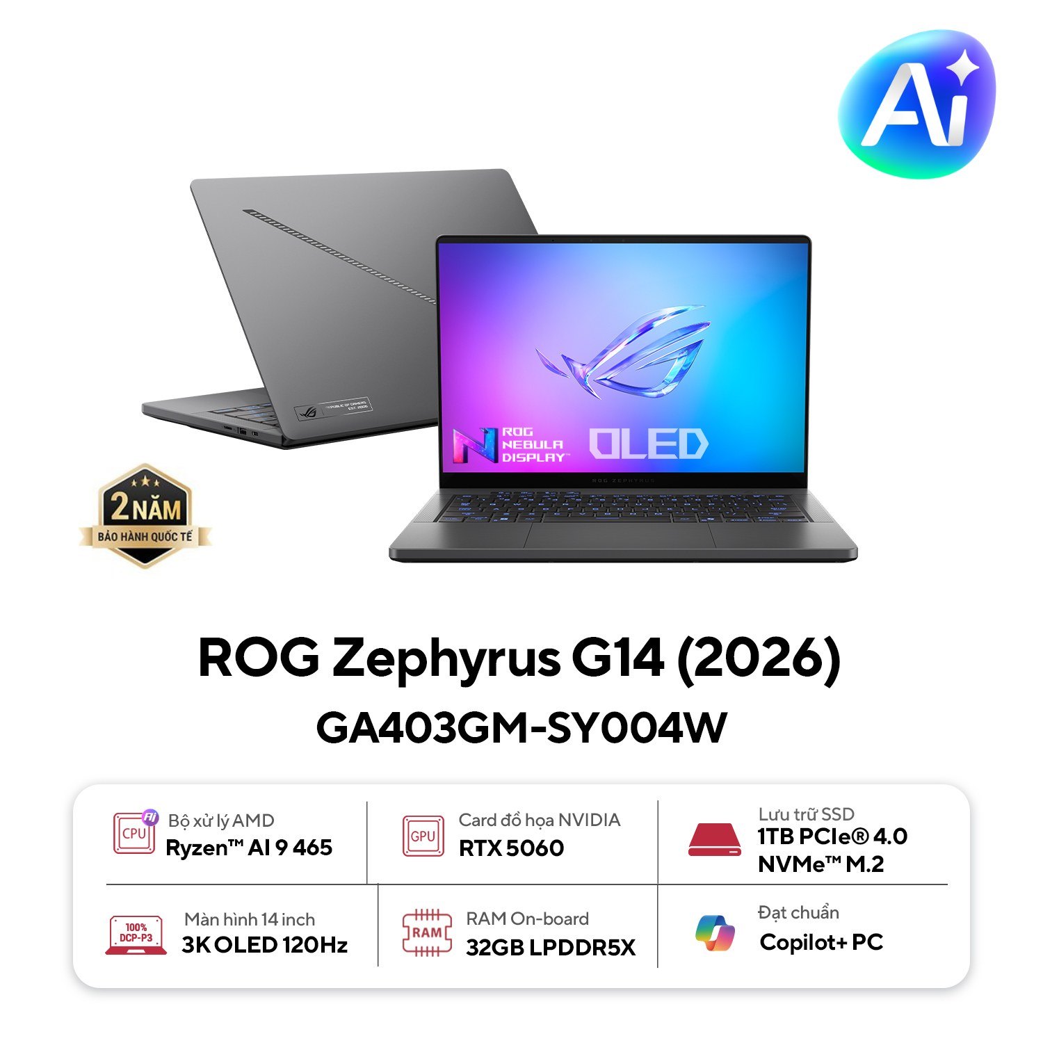 Laptop Gaming ASUS ROG Zephyrus G14 GA403GM-SY004W | Ryzen AI 9 465, 32GB LPDDR5X, SSD 1TB NVMe, 14" 3K OLED 120Hz, RTX™ 5060 8GB, Xám