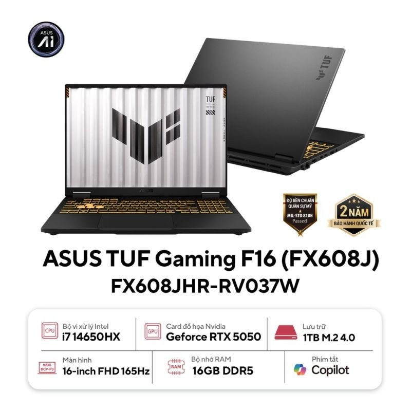 Laptop Gaming ASUS TUF F16 FX608JHR-RV037W | i7-14650HX, 16GB DDR5, SSD 1TB NVMe, RTX 5050 8GB, 16" WUXGA IPS 165Hz, Win 11 Home, Xám