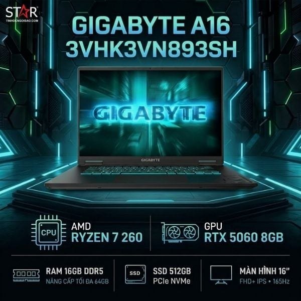 Laptop Gaming GIGABYTE A16 3VHK3VN893SH (GA63H) | AMD Ryzen 7 260, 16GB DDR5, SSD 512GB, 16" FHD+ 165Hz, WF6E, BT/76Wh, RTX 5060 8GB, RGB, W11SL, Đen