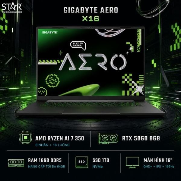 Laptop Gaming GIGABYTE AERO-X16-1VH93VNC94AH (EG61H) | Ryzen AI 7-350, 16GB DDR5, SSD 1TB NVMe, 16"QHD+ 165Hz, RTX 5060 8GB, Xám