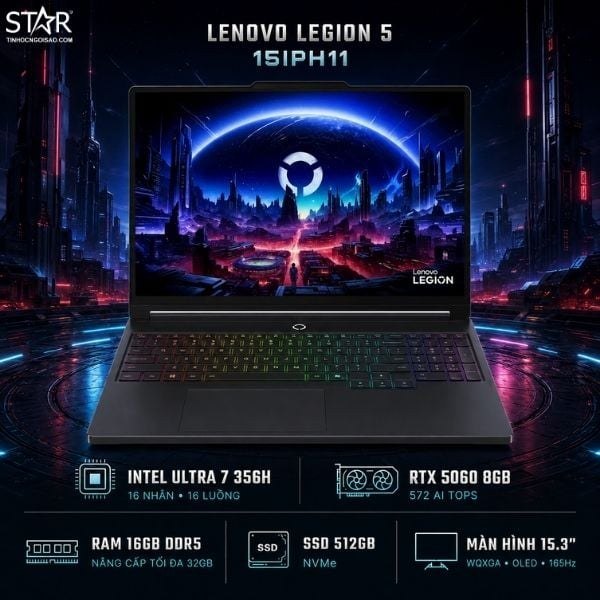 Laptop Gaming Lenovo Legion 5 15IPH11 83RW0023VN | Ultra 7 356H, 16GB DDR5, SSD 512GB NVMe, RTX 5060 8GB, 15.3" WQXGA OLED 165Hz