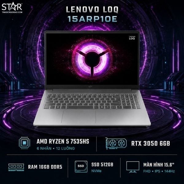 Laptop Gaming Lenovo LOQ 15ARP10E 83S0000DVN | R5-7535HS, 16GB DDR5, SSD 512GB NVMe, 15.6" FHD 144Hz, RTX 3050 6GB, W11SL, Xám