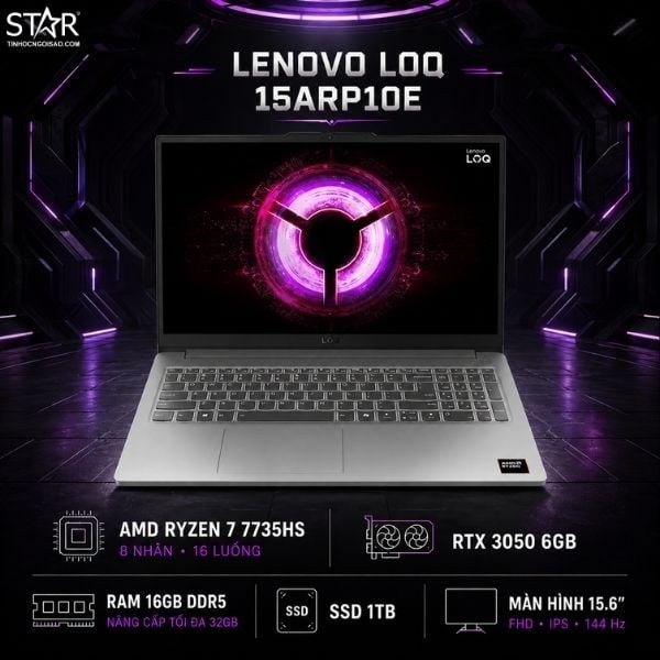 Laptop Gaming Lenovo LOQ 15ARP10E 83S0006RVN | AMD Ryzen 7 7735HS, 16GB DDR5, SSD 1TB, RTX 3050 6GB, 15.6" FHD 144Hz, Win 11, Xám