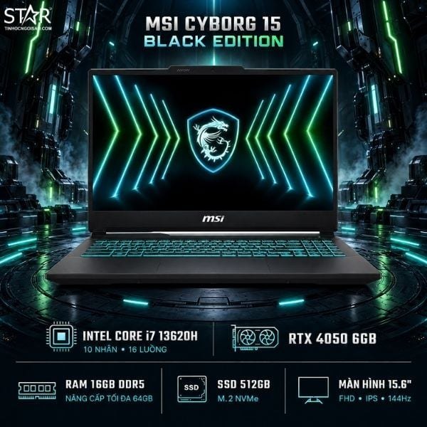 Laptop Gaming MSI Cyborg 15 Black Edition A13VEO-2608VN | i7-13620H, 16GB DDR5, SSD 512GB NVMe, 15.6" FHD 144Hz, RTX 4050 6GB, Win 11, Balo