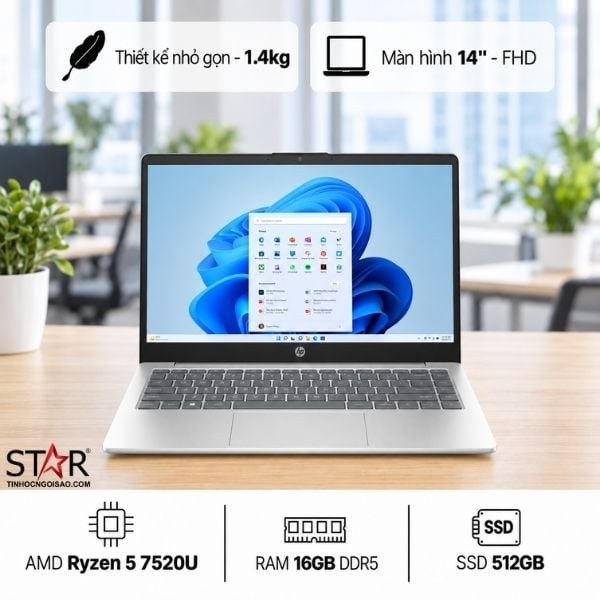 Laptop HP 14-em0024AU | Ryzen 5-7520U, 16GB DDR5, SSD 512GB, 14" FHD, Win11, Bạc (D0BG8PA)