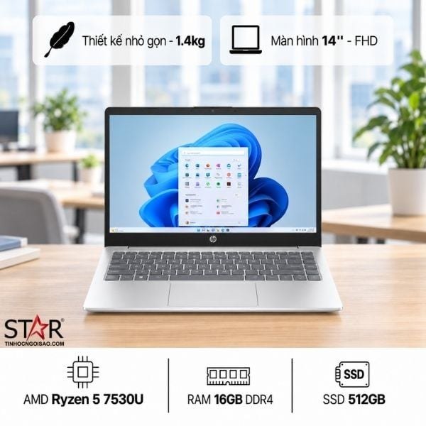 Laptop HP 14-em0255AU | R5-7530U, 16GB DDR4, SSD 512GB, 14" FHD, Win 11, Bạc (C81N3PA)