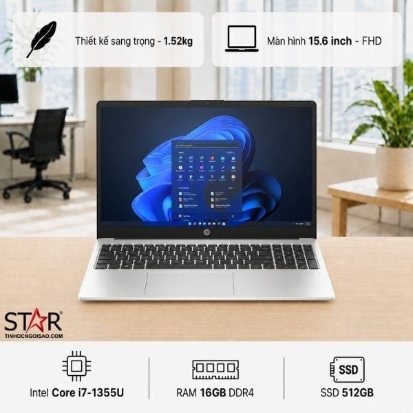 Laptop HP 250 G10 A06FDPT | i7-1355U, 8GB DDR4, SSD 512GB NVMe, 15.6" FHD, Windows 11 Home, Bạc