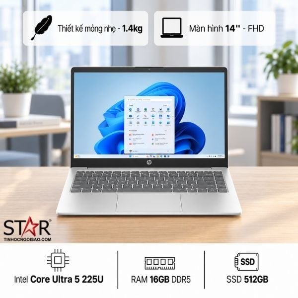 Laptop HP AI 14-HC0028TU D72BJPA | U5-225U, 16GB DDR5, SSD 512GB NVMe, 14" FHD, Intel Graphics, W11H, Bạc