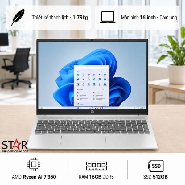 Laptop HP OmniBook 5 16-ag1066AU | Ryzen Al 7 350, 16GB LPDDR5x, SSD 512GB NVMe, AMD Graphics, 16" 2K Touch IPS, W11H+ Office, Bạc (BZ7S9PA)