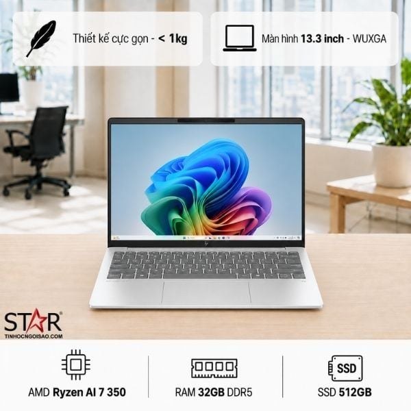 Laptop HP OmniBook 7 Aero 13-bg1083AU | Ryzen Al 7 350, 32GB LPDDR5x, SSD 512GB NVMe, ,AMD Graphics, 13.3" WUXGA, W11H+Office, Bạc (BZ7R9PA)