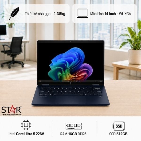 Laptop HP OmniBook X Flip 14-fm0088TU | Core Ultra 5-226V, 16GB LPDDR5x, SSD 512GB NVMe, 14" WUXGA Touch, Pen, Intel Graphics, W11H + Office, Xanh (BZ7Q2PA)