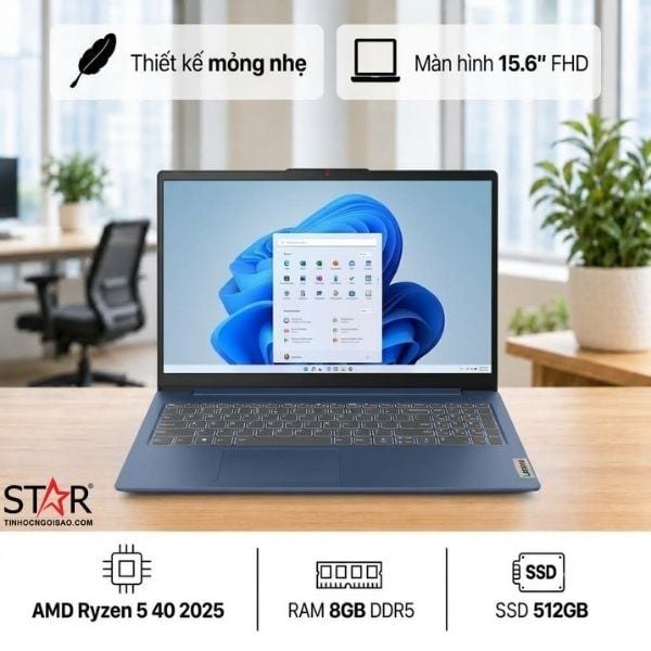 Laptop Lenovo IdeaPad Slim 3 82XQ012HUS | Ryzen 5 40 2025, 8GB LPDDR5, SSD 512GB NVMe, 15.6" FHD, Wifi, BT, Win11, Abyss Blue