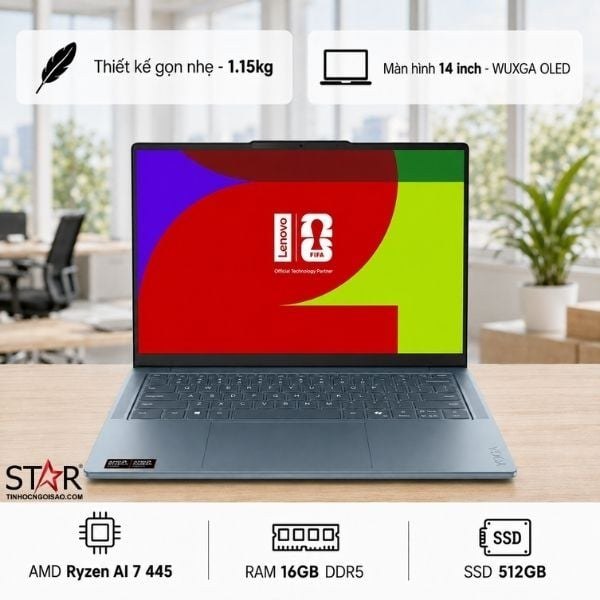 Laptop Lenovo Yoga Slim 7 14AGP11 83QS001DVN | Ryzen AI 7 445, 16GB LPDDR5X, SSD 512GB NVMe, 14" WUXGA OLED, AMD Radeon 840M, W11H 64, OfficeH24+M365, Xanh