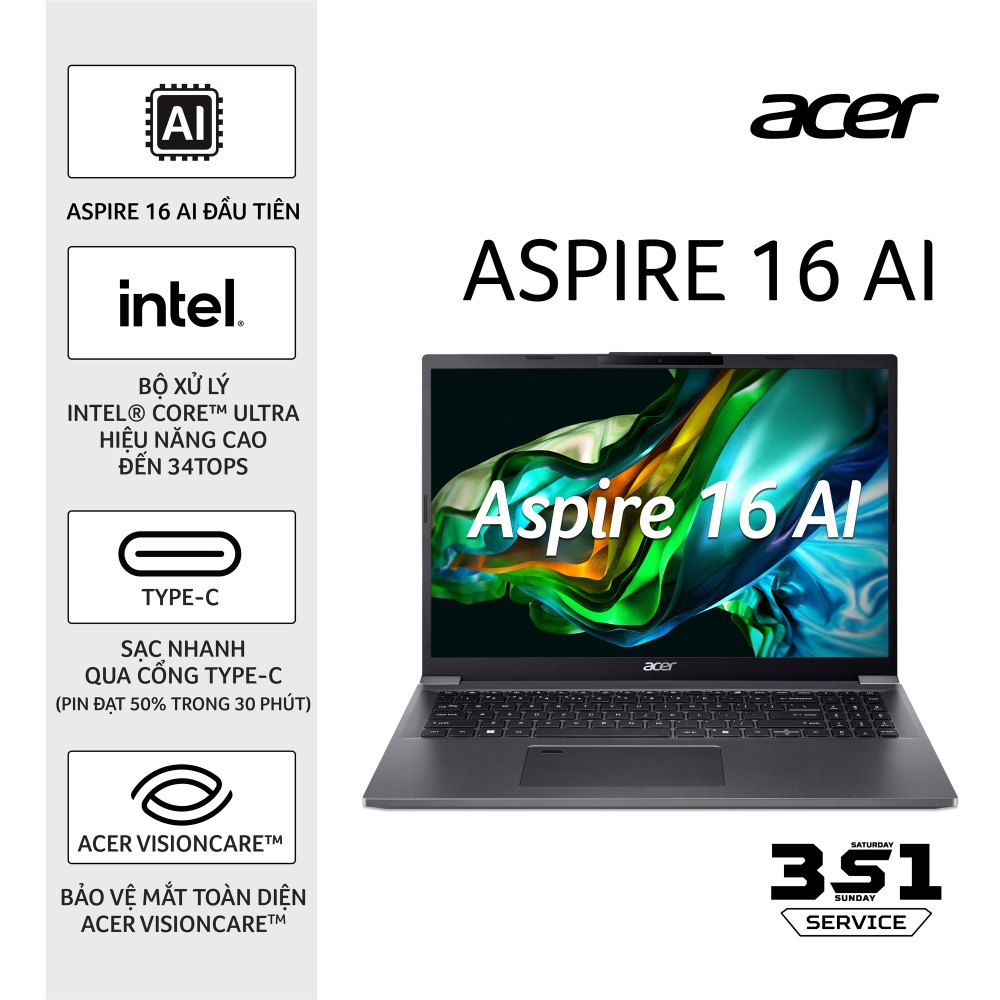 Laptop Văn phòng AI ACER Aspire 16 A16-71M-71U7 | U7 155H, 16GB, SSD 512GB, 16" FHD+ (NX.J4YSV.002)