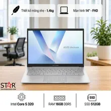Laptop ASUS Vivobook 14 X1404MA-EB028W | Core 5 320, 16GB DDR5, SSD 512GB, 14" FHD IPS 60Hz, WF6, BT5.3, 3C42WHrs, Win 11 Home, Bạc