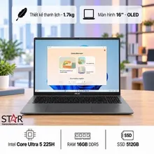 Laptop ASUS Vivobook S16 S3607CA-SH080W | U5-225H, 16GB DDR5, SSD 512GB NVMe, 16" WUXGA OLED, Intel Arc Graphics, WF, BT, W11, Xám