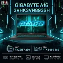 Laptop Gaming GIGABYTE A16 3VHK3VN893SH (GA63H) | AMD Ryzen 7 260, 16GB DDR5, SSD 512GB, 16" FHD+ 165Hz, WF6E, BT/76Wh, RTX 5060 8GB, RGB, W11SL, Đen