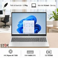 Laptop HP OmniBook 5 16-ag1066AU | Ryzen Al 7 350, 16GB LPDDR5x, SSD 512GB NVMe, AMD Graphics, 16" 2K Touch IPS, W11H+ Office, Bạc (BZ7S9PA)