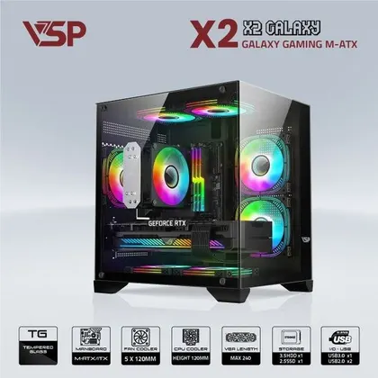 Vỏ Case VSP Aquanaut Pro Gaming X2 Galaxy (M-ATX, Đen, Chưa Gồm Fan)