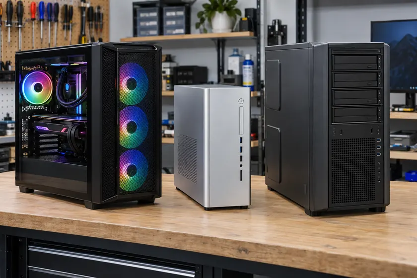 các loại cây máy tính để bàn gaming văn phòng và workstation đặt cạnh nhau