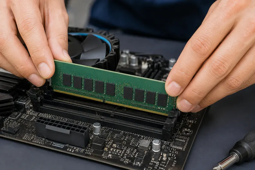 Kỹ thuật viên lắp RAM vào mainboard tại xưởng Tin Học Anh Phát