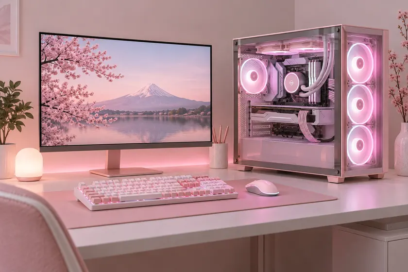 PC màu hồng thẩm mỹ vỏ kính cường lực RGB tại Tin Học Anh Phát